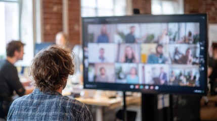 Focused medium shot of a scrum master facilitating a standup in a coworking space blurred staff joining in through video conferencing on screen.