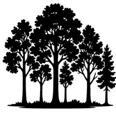 Obraz premium Majestic forest tree silhouettes standing tall against a bright background, depicting a diverse woodland ecosystem with broadleaf and coniferous trees, perfect for nature-themed designs, ecological pr