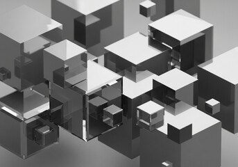 Abstract geometric arrangement of transparent and solid cubes creating a sense of depth and complexity