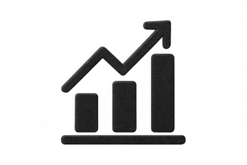Bar graph icon rising with upward arrow, symbolizing growth and success, isolated on transparent background