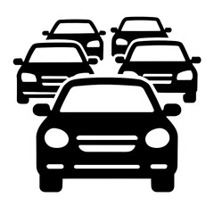 A sleek black vector icon illustrating a cluster of multiple cars, depicting traffic congestion or a group of vehicles on the road. Ideal for transportation, urban planning, and automotive-related des