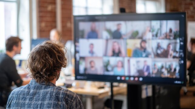 Focused medium shot of a scrum master facilitating a standup in a coworking space blurred staff joining in through video conferencing on screen.