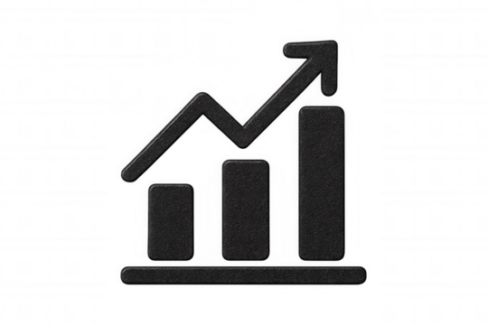 Bar graph icon rising with upward arrow, symbolizing growth and success, isolated on transparent background