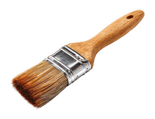 Close-up of a used paintbrush with a light-brown wooden handle and metal ferrule. The bristles are a light brownish-tan, showing signs of wear