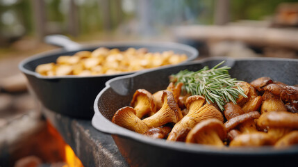 Fototapeta premium Forest mushroom foraging to cooking scene with rustic cast iron pans over campfire