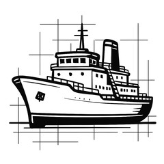 Obraz premium Elegant monochrome drawing of a vintage ocean liner or large ferry, featuring its distinctive bridge, multiple decks with windows, a prominent funnel, and a mast, all rendered in clean lines over an e