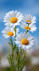 Fototapeta premium Daisy cluster blossoms against bright blue sky in spring nature scene
