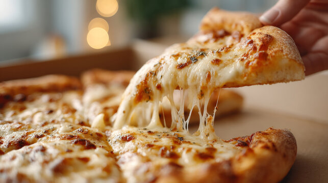 Delicious pizza slice with stretching cheese in casual dining scene