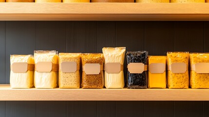 Assortment of packaged goods displayed on wooden shelves