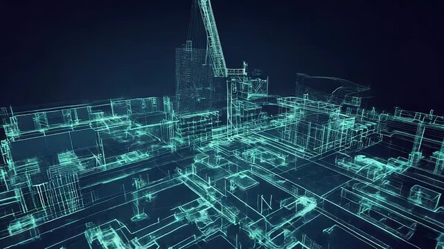 Futuristic wireframe model of an offshore oil rig platform illuminating modern engineering