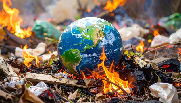 Earth globe in a burning landfill