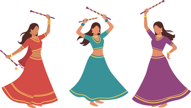 Dynamic Depiction of Indian Women Joyfully Performing Dandiya Raas, Celebrating Cultural Heritage and Festivities with Traditional Dance Steps
