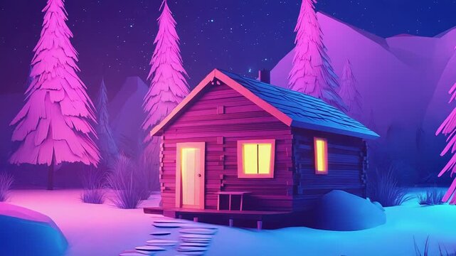 Cozy wooden cabin glowing under the night sky in a snowy forest