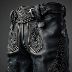 Schwarze Lederhose in Nahaufnahme mit Stickmustern