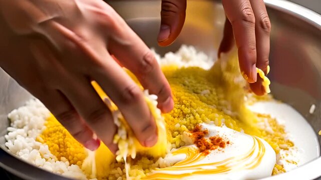 Preparing Zarda Sweet Rice Recipe Indian Traditional Dessert Hands mixing Saffron and Rice