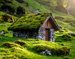 Moss-covered mountain hut nestled in a grassy hillside