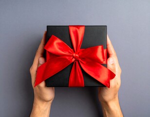 Hands holding a black gift box with a red ribbon (2)