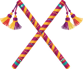 Vibrantly decorated Dandiya sticks crossed for traditional Indian folk dance, celebrating Navratri festival and rich cultural heritage.