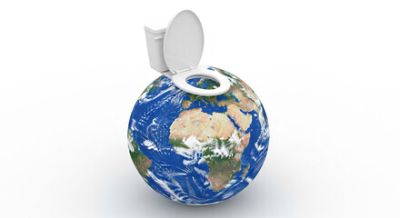 Earth globe with toilet seat illustration, symbol of sanitation worldwide.