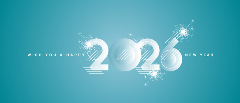Happy New Year 2026. Minimalist style modern design numbers with tech line shapes and sparkle firework sea green color greeting card