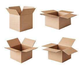 Four open cardboard boxes, light beige color, various angles
