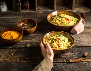 Hands holding a bowl of noodles