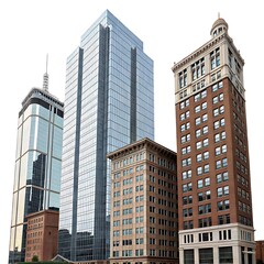 Fototapeta premium Modern and historic skyscrapers stand tall against a bright sky in an urban cityscape
