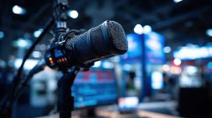 Medium focused shot on a small LED light panel used for recording with compliance scripts and teleprompter softly blurred in the microlearning booth.