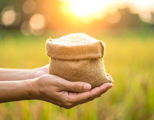 Hands holding a burlap sack of rice at sunset