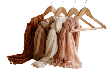Soft, draped scarves in muted tones on wooden hangers