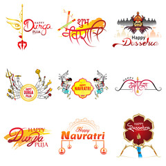 Hand Drawn Festival Typography Illustration with Durga Eye, Goddess Face, Lord Ram Clipart, Ravaan Silhouette, Garba Dance Set