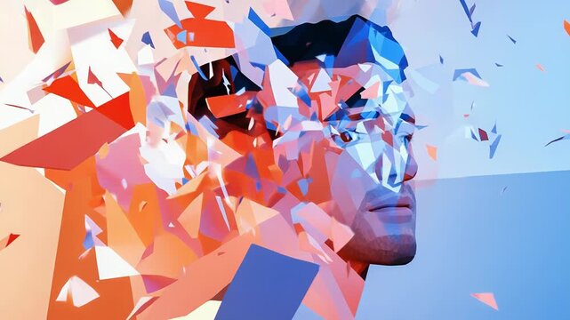 Man face dissolving into colorful polygons, artificial intelligence and consciousness