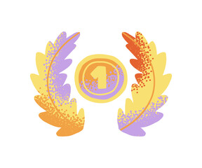 Laurel wreath medallion for first place, achievement and victory. Cartoon groovy icon in playful doodle style to celebrate victory or achievement.