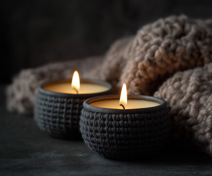 Ambiente acogedor con dos velas encendidas en portavelas tejidos, manta de punto en tonos neutros y fondo oscuro, ideal para decoraci&oacute;n c&aacute;lida, estilo relajante y dise&ntilde;o de interiores con textura suav