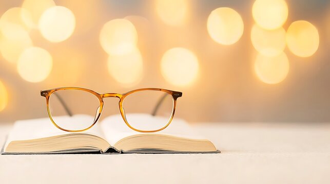Reading glasses resting on an open book with soft bokeh background