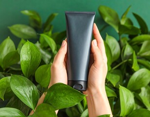 Hands holding a dark tube surrounded by greenery