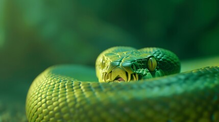Obraz premium Close up of a vibrant green snake s head and coiled body
