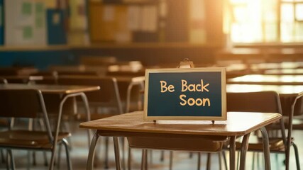 Empty classroom with "Be Back Soon" sign on desk during sunset - Powered by Adobe