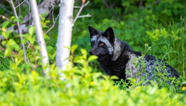 Black and silver fox in green forest