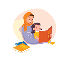 Middle Eastern Muslim woman mother mum wearing a traditional hijab in a headscarf reading fairy tale book storybook to baby child daughter at home, babysitting with child. Motherhood concept.