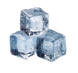 Three clear ice cubes stacked.  Small water droplets clinging to the surfaces.  Crisp, cool, and refreshing