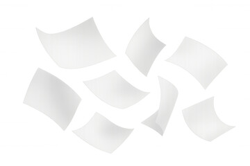 White papers are flying in the wind on a transparent background, creating a dynamic and chaotic scene