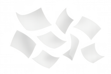 White papers are flying in the wind on a transparent background, creating a dynamic and chaotic scene