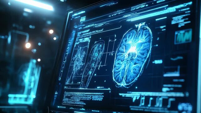 Futuristic interface showing brain scan and medical data analysis in a high tech laboratory - Powered by Adobe