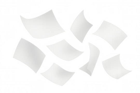 White papers are flying in the wind on a transparent background, creating a dynamic and chaotic scene