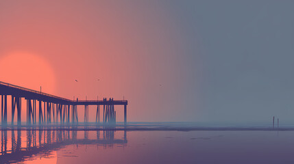 Obraz premium Pier at Sunset: A serene seascape, with a pier extending gracefully into the calm water, and the sun descending to the horizon casting a warm glow of orange and red.