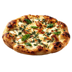 Round pizza with white sauce, mozzarella, and basil