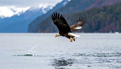 A majestic bald eagle soars over a tranquil waterway, wings outstretched in a powerful flight, catching a fish in mid-air.