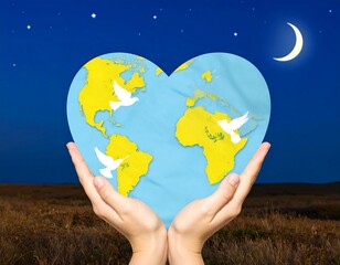 Hands holding a heart-shaped Earth at night