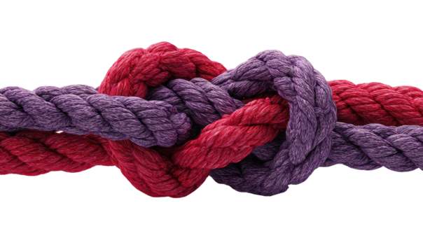 Close-up of two intertwined ropes, deep crimson and muted purple, knotted in a figure-eight pattern against a black background